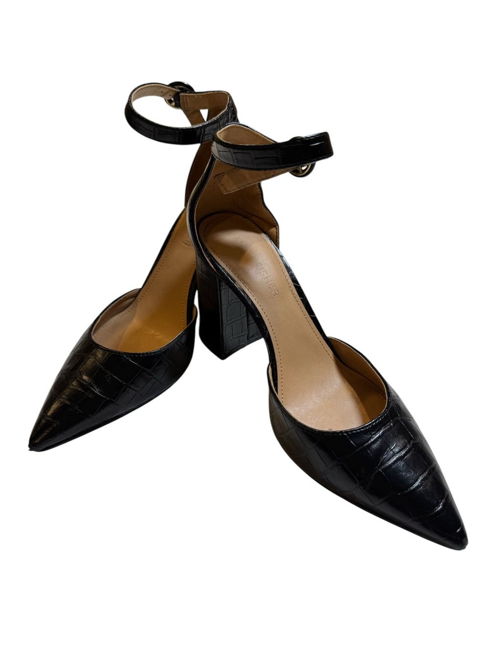 Marc Fisher Black Croc Embossed Ankle Strap Pointed Toe Block Heel Pumps 6.5M